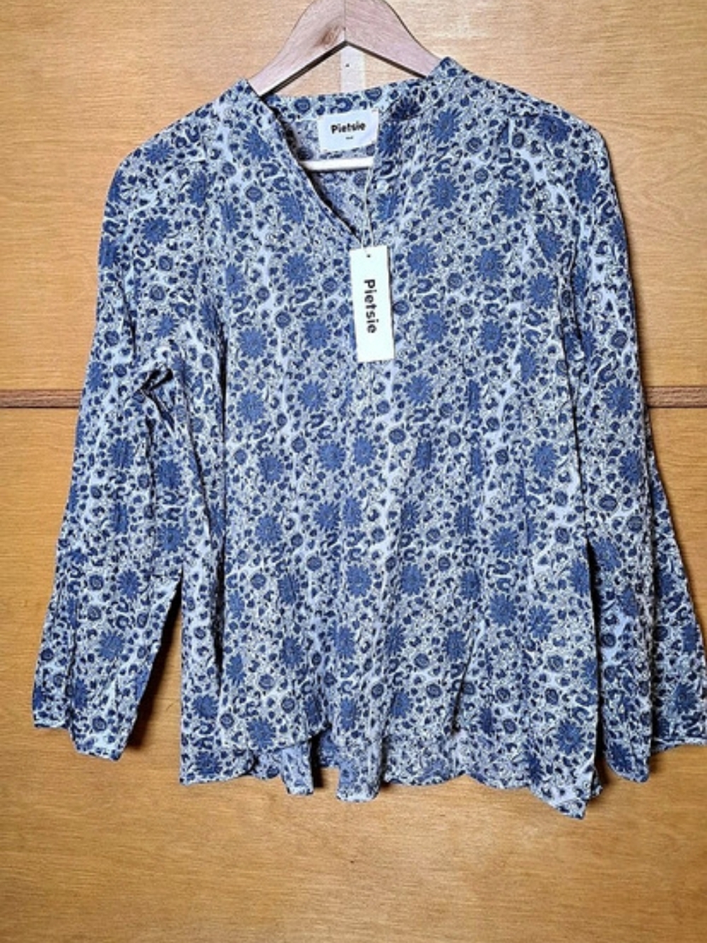 Pietsie Atlin Womens Top Floral Cotton Blouse Blue & White Small NWT